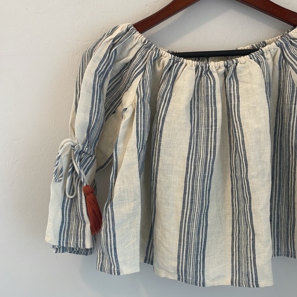 Anthropologie Tularosa Off Shoulder Linen Tassel Blouse Top Womens Small Blue - Picture 3 of 9